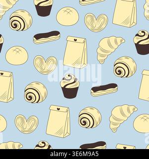Seamless pattern with hand drawn bakery and pastry on blue background vector illustration. Stock Vector