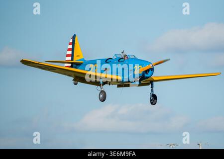Vintage blue-and-yellow single-engine trainer aircraft marked 23 on final approach with landing gear down, pilot visible in the open cockpit against a Stock Photo