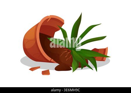 Broken ceramic pot with flower pot on the floor. Broken flower pot into pieces. Stock Vector