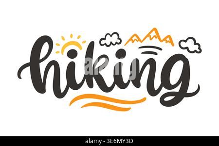 Hiking logo hand lettering with mountains and sun Stock Vector