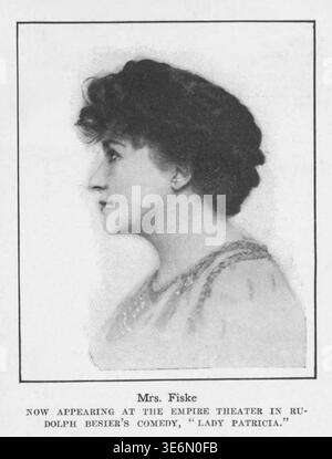 Minnie Maddern Fiske, professionally known as Mrs. Fiske, in a monochrome profile portrait from 1912. This archival halftone print depicts the leading American stage actress during her engagement at the Empire Theatre in New York City for the production of Rudolf Besier’s comedy Lady Patricia. Stock Photo