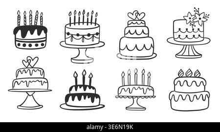 Birthday and wedding cakes vector doodle icons set Stock Vector