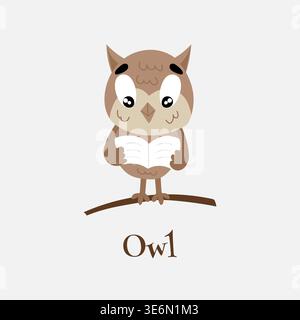 Cute owl perching on a tree branch and reading a book. Stock Vector