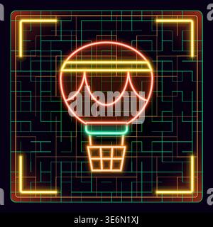 Hot air balloon icon. Glowing neon icon with border grid vector. Stock Vector
