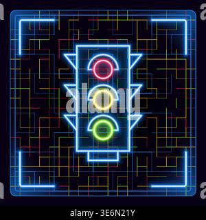 Traffic lights with red, yellow and green color, semaphore symbol. Futuristic tech editable glowing illustration. Stock Vector