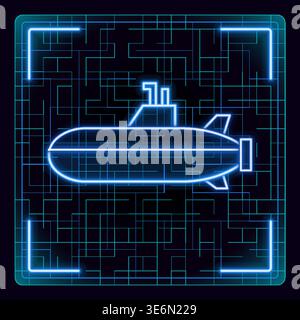 Submarine icon. Glowing neon icon with border grid vector. Stock Vector