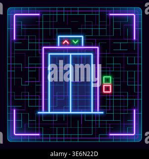 Elevator lift icon. Cyber neon futuristic editable stroke icon. Stock Vector