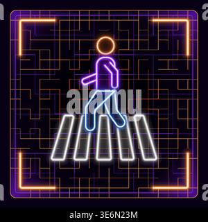 Pedestrian crossing crosswalk icon illustration. Glowing neon icon with border grid vector. Stock Vector