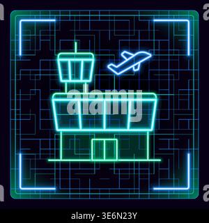 Airport terminal and tower icon. Futuristic tech editable glowing illustration. Stock Vector