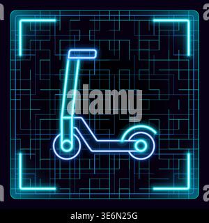 Eletric scooter icon, kick scooter illustration. Glowing neon icon with border grid vector. Stock Vector