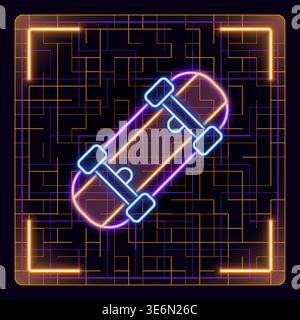 Skateboard icon. Futuristic tech editable glowing illustration. Stock Vector