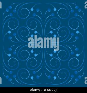 Seamless kaleidoscope blue mosaic tile. Melting watercolor pattern. Design element of curved lines. Blue curls on dark blue background. Frost pattern Stock Vector