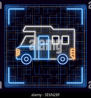 Recreational vehicle icon, camper van open road travel. Glowing neon icon with border grid vector. Stock Vector