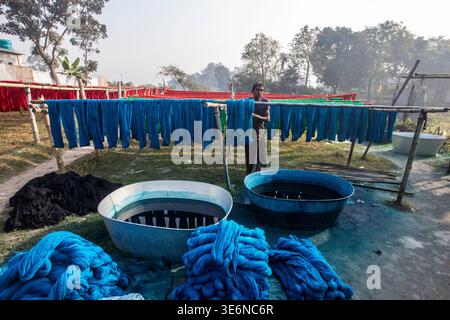 Brightly colored yarns and fabrics spread across open fields, drying under the sun—showcasing the beauty of traditional craftsmanship and vibrant text Stock Photo