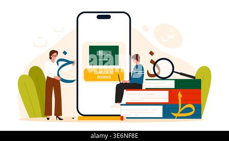 Arabic language school concept with students learning online via smartphone app, books, Arabic alphabet letters, modern education, e-learning design, isolated on white background vector illustration Stock Vector