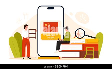 People studying Chinese language with smartphone app, books and magnifier, modern online language school education concept for students and tutors, isolated on white background vector illustration Stock Vector