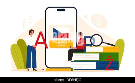 Teacher and student learning Czech in online language school app on smartphone with books, Czechian flag and alphabet letters, concept of digital education and courses vector illustration Stock Vector