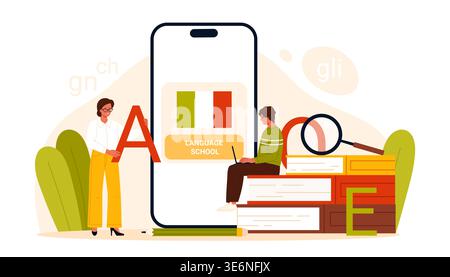 Online Italian language school concept with teacher, student using smartphone app, books and magnifying glass for studying Italian vocabulary grammar isolated on white background vector illustration Stock Vector
