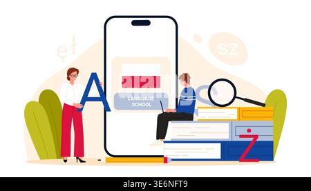 People learning Polish language online with smartphone app, books and alphabet letters, modern education concept for language school and courses, isolated on white background vector illustration Stock Vector