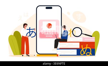 Online Japanese language school concept with teacher, student, smartphone app, textbooks, hiragana characters studying foreign language, e learning, isolated on white background vector illustration Stock Vector