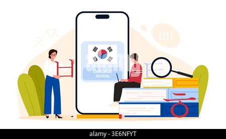 People studying Korean language with smartphone app, books and magnifier, modern online education concept for language school and e learning, isolated on white background vector illustration Stock Vector