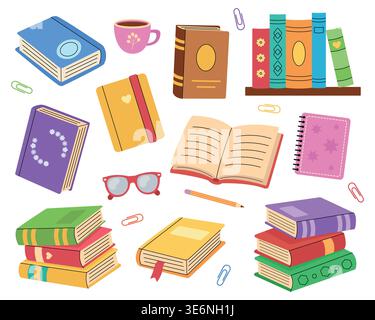 Book collection. Various bookshelves, stacks of books, open books, and notebooks. Educational design. Flat vector illustration. White isolated background. Stock Vector