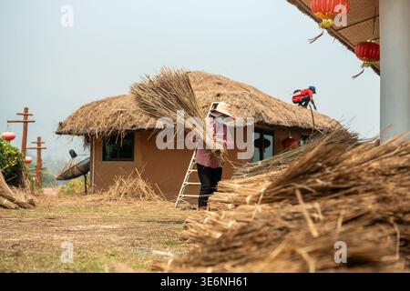 Local workers in Thailand rural village working on house roof repair, covering building using straw. Stock Photo