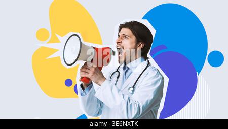 Male Doctor Uses Megaphone to Make Announcement in Light Studio Environment Stock Photo