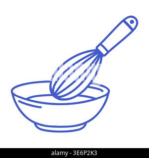 Whisk in bowl in outline style. Hand drawn icon of Cooking process. Outline vector isolated illustration.  Stock Vector