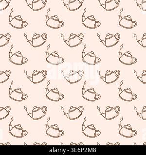 Seamless pattern with teapots on beige background. Minimal brown outline vector Print Stock Vector