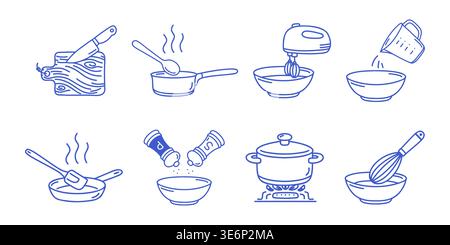Cooking process set of illustrations. Boiling, frying, mixing. Blue line vector icons on white background. Stock Vector