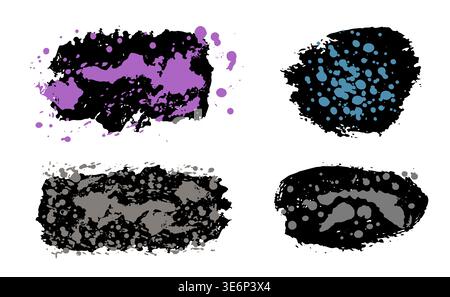Set of hand drawing black and color abstract blots paint splashes isolated on a white background. Paint different shapes of liquid blots for ink paint Stock Vector