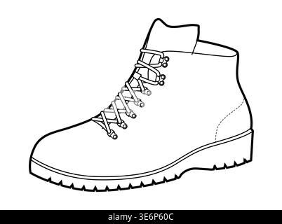Light hiking boot women single line. Clean lace utility boot for weekend walk park trail and city commute. Technical fashion illustration CAD mockup clean vector man unisex isolated modern style. Stock Vector