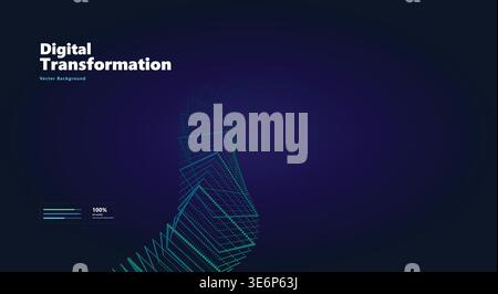 Abstract futuristic technology theme. glowing blue wireframe 3D cube stack, dark cyberspace. for web data presentation. modern tech vector background. Stock Vector