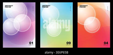 Vibrant abstract gradient poster set. colorful mesh backgrounds, intersecting white stroked circles. for modern music flyers, trendy club event banner. Stock Vector