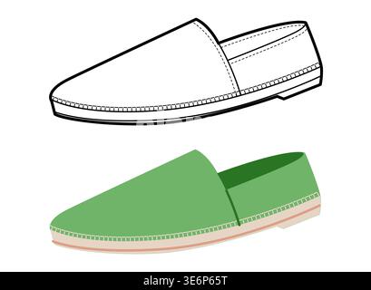 Green espadrille flat shoe women flat plus line set. Stitch detail canvas footwear for fashion catalog travel project. Technical fashion illustration CAD mockup mixed vector man unisex isolated style. Stock Vector