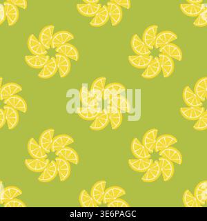 Lemon slice wreath vector seamless pattern. Hand drawn yellow citrus on rich green background. Mediterranean summer fruit for kitchen cafe design. Natural italian print for wallpaper or textile. Stock Vector