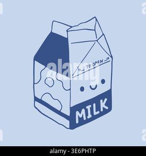 Hand drawn vector of a happy paper milk carton character with a smiley face and small cow patterns. Isometric line art illustration of open packaging Stock Vector