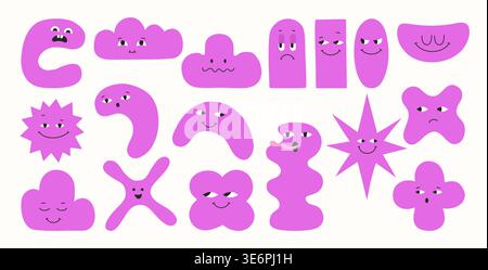 Geometric characters set, blob shapes and expressive comic smiling childish different faces. Fun modern cartoon geometry drawing happy facial art. Abstract playful figures eyes, emotions quirky forms Stock Vector