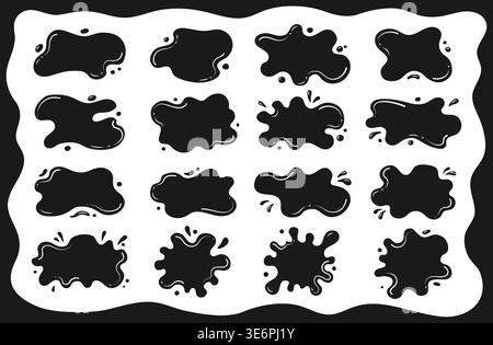 Liquid shapes and frames with uneven wavy edges set. Fluid puddles, splashes, drops, blobs and stains. Rounded watery organic forms. Smooth blotches, soft spills drips abstract shapes text backgrounds Stock Vector