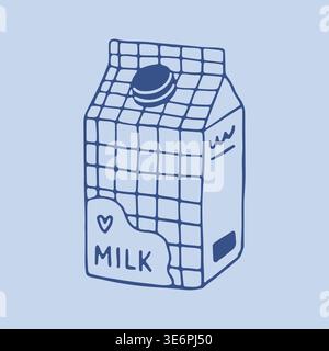 Hand drawn vector of a paper milk carton box with a checkerboard pattern and an isometric view. Playful line art packaging illustration with a heart Stock Vector