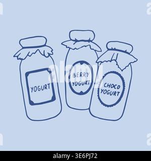 Hand drawn vector set of three rustic glass yogurt jars with cloth covers and labels for different flavors. Detailed line art illustration for artisan Stock Vector