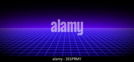 Purple glow neon wireframe background. Deep blue shining checkered grid floor plane in perspective. Retro futuristic horizon wallpaper. Arcade game sci fi matrix landscape surface. Vector backdrop Stock Vector