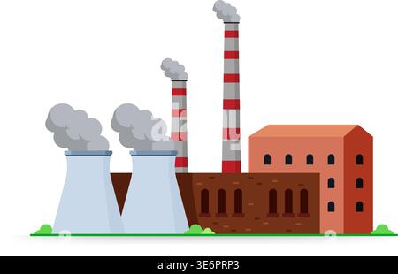 Flat vector illustration of a power plant building with tall smokestacks and cooling towers emitting exhaust. Stock illustration. Stock Vector