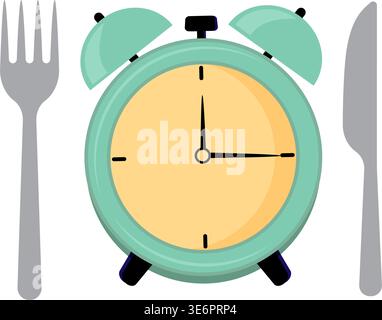 Vector illustration of a teal alarm clock between a fork and knife, representing scheduled eating and meal timing. Stock Vector