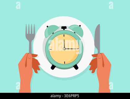 An alarm clock on a plate with cutlery representing scheduled eating, dieting, and time-restricted nutrition habits. stock illustration. Stock Vector
