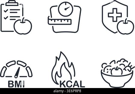 A collection of linear icons representing diet tracking, weight loss, BMI, calorie counting, and healthy organic food. stock illustration. Stock Vector