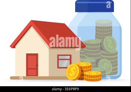 Vector illustration of a small house next to a glass jar filled with coins, representing home savings and investment. Stock illustration. Stock Vector