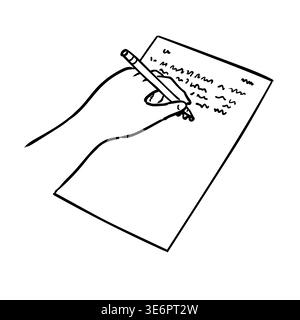 Drawing sketch style illustration of a left hand writing scribbling letter on paper on isolated background done in black and white line art. Stock Vector