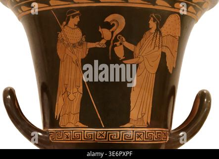 A large red-figure calyx krater a Greek vessel used for mixing wine and water at symposia. It likely dates to the 5th century BCE and is decorated in Stock Photo
